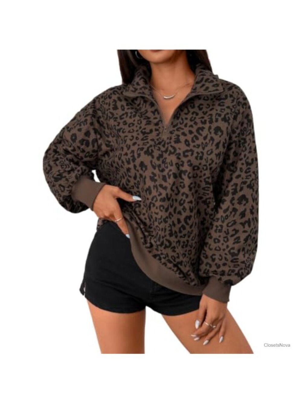 Leopard Print Quarter Zip Sweatshirt Corduroy Pullover Loose Fit